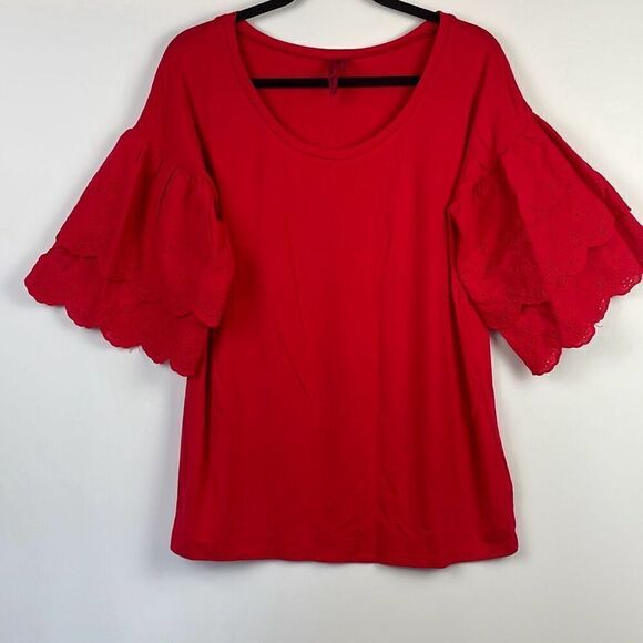 Love Scarlett Women's Layered Ruffle Eyelet Embroidered Blouse Red Medium - Picture 2 of 9